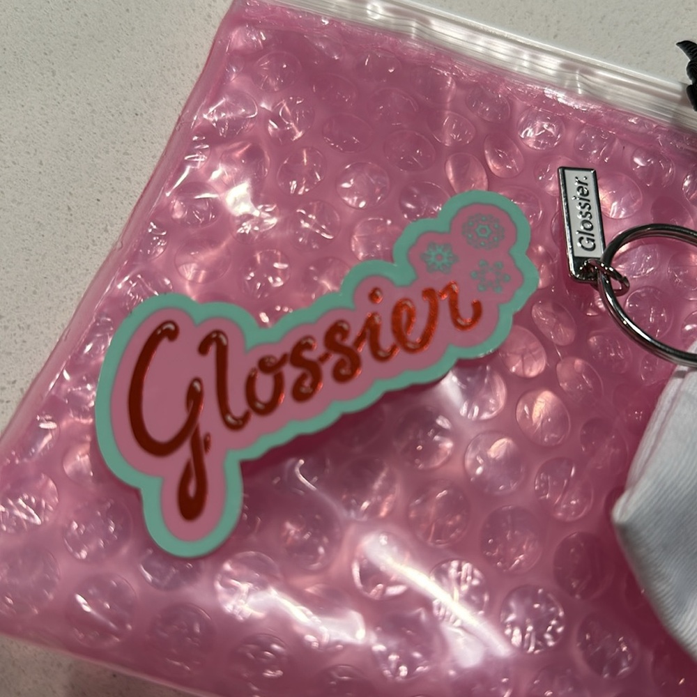 Glossier Flip Phone Key Chain w Bubble Bag & Sticker (4pc set) - Picture 5 of 7